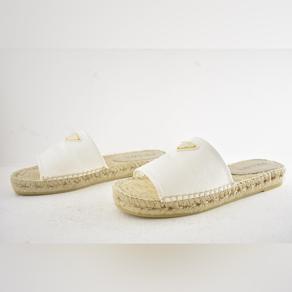 Prada Gold Triangle Logo Avorio White Leather Espadrille Slide Sandal Flat 37 - Picture 13 of 16
